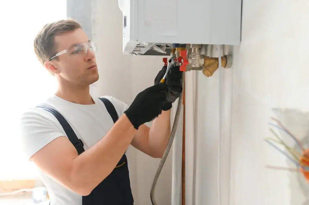 Skilled technician repairing a boiler in a residential home in Bergen County, NJ, ensuring optimal heating performance for the winter season with Super Plumbing Heating